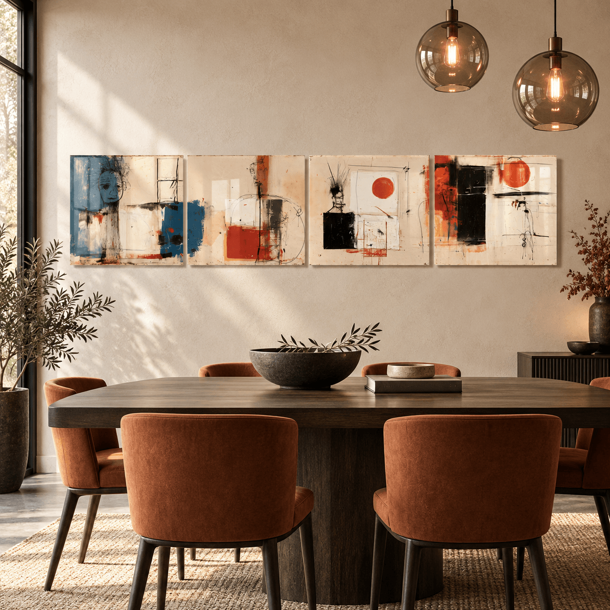 4-piece ink-sketch wall art above a dining table with amber globe pendant lights